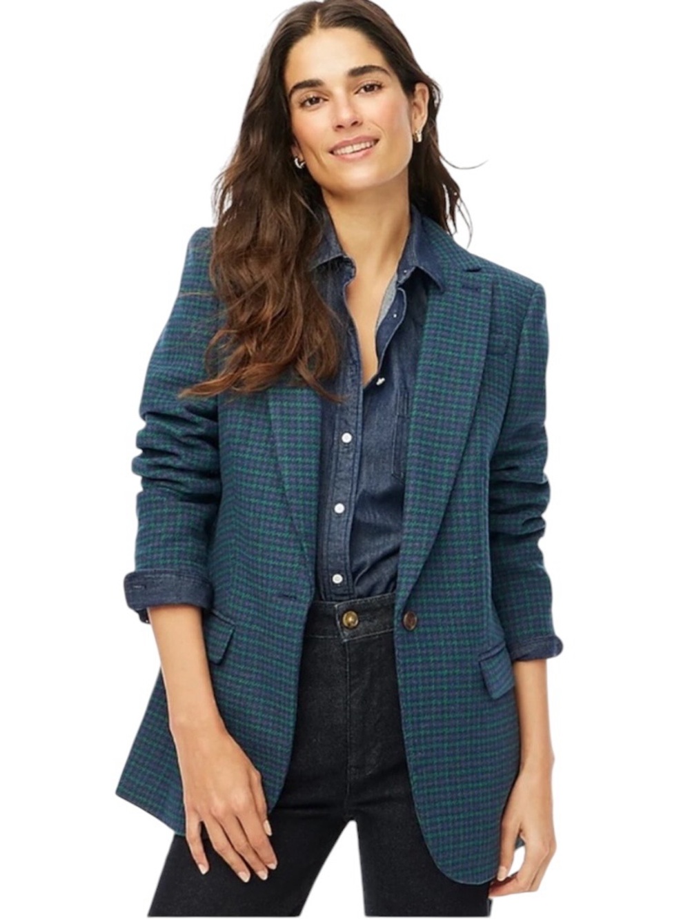 NWT J.Crew Relaxed One Button Blazer Blue Green Houndstooth Check sz 8